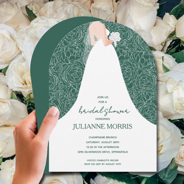 Bridge auf Emerald Green Brautparty Arch Einladung (Bride on emerald green bridal shower arch-top invitations)