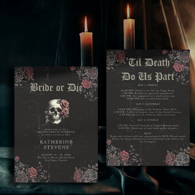 Bridge Die Skull Rose Junggeselinnen-Abschied Rout Einladung (bride or die bachelorette party invitation itinerary moody dark goth gothic til death floral skull)