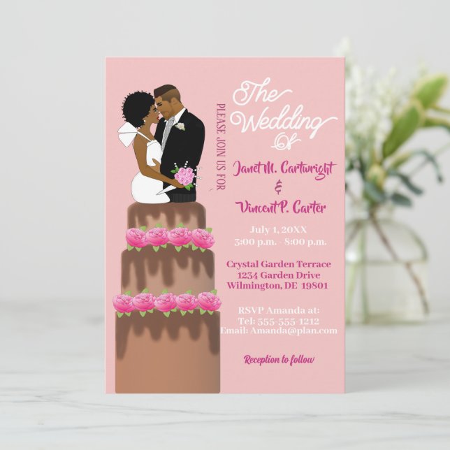 Bridge & Groom Wedding Cake Topper Afroamerikaner Einladung (Stehend Vorderseite)