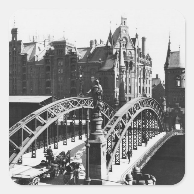 Bridge in der Speicherstadt Hamburg, c.1910 Quadratischer Aufkleber (Vorderseite)