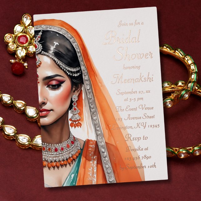 Bridge in Lehenga Choli Ethnisches indisches Braut Folieneinladung (Front view traditional indian orange lehenga choli glam – Bridal Shower Foil Invitation)