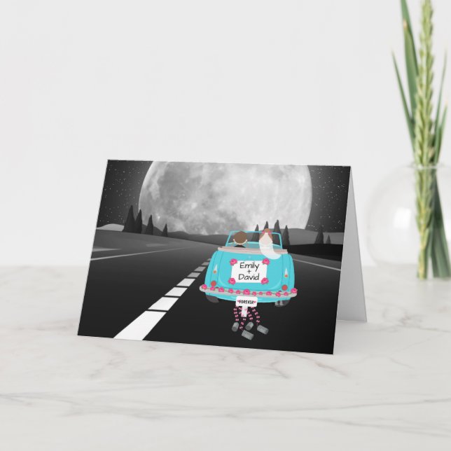 Bridge und Groom Car mit Vollmondkarte Karte (Vorderseite)