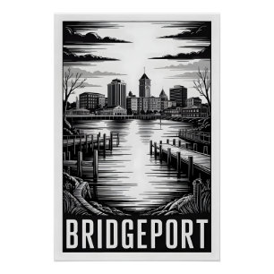 Bridgeport Connecticut Skyline Schwarz Weiß Holzsc Poster