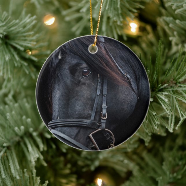 Bridled Black Stallion Face Keramik Ornament (Baum)