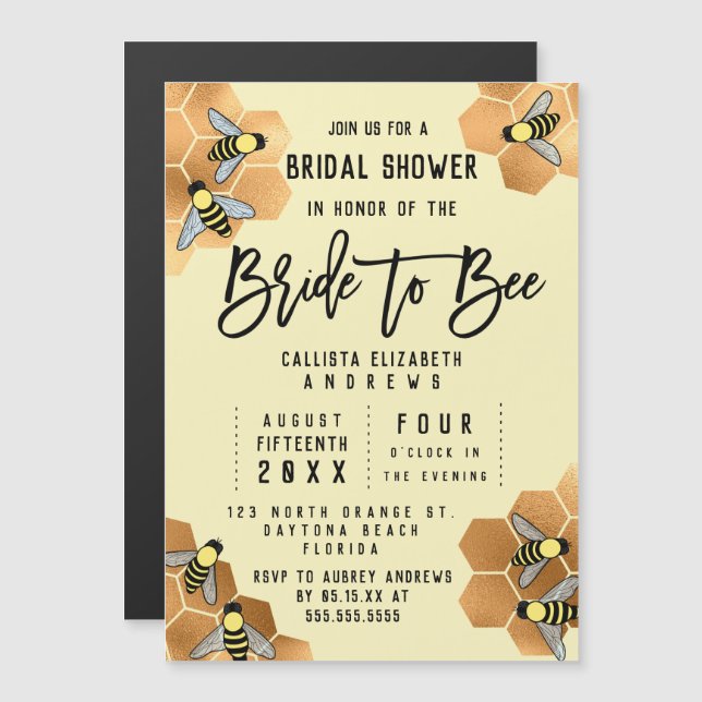 Brie to Bee Quote Gold Honeycomb Brautparty Magneteinladung (Vorne/Hinten)