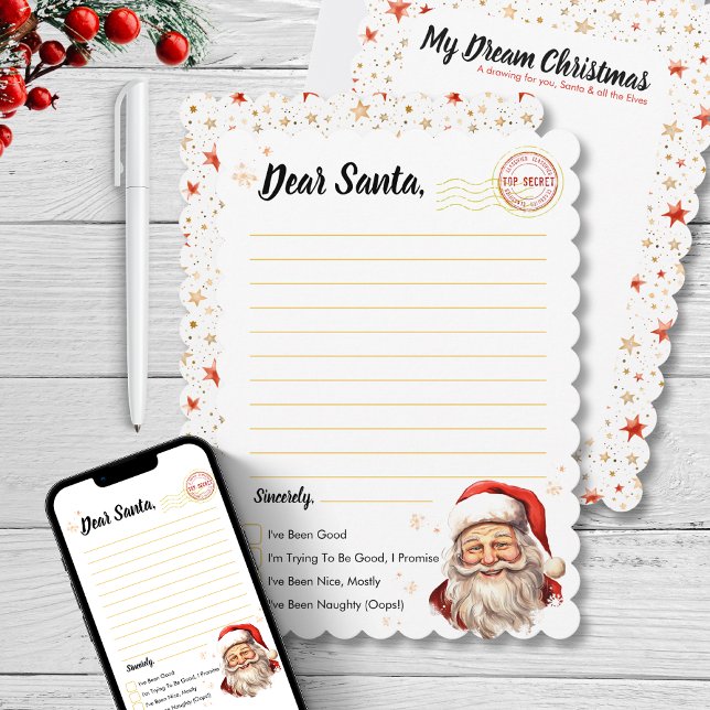 Brief an den Weihnachtsmann Zeichnend Aktivität fü Einladung (Letter to Santa Drawing Activity for kid Christmas dear santa claus wish red gold star creative)