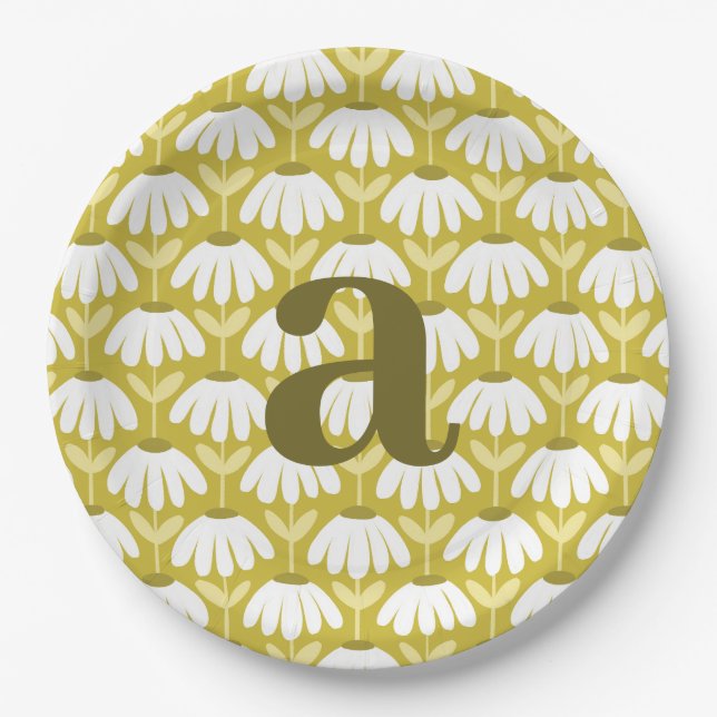 Brief Monogram Olivgrün Vintage Blumenmuster Pappteller (Vorderseite)