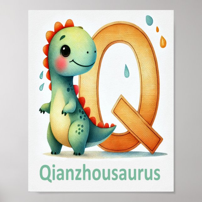 Brief Q, Dinosaur Alphabet Aquarell Poster (Vorne)