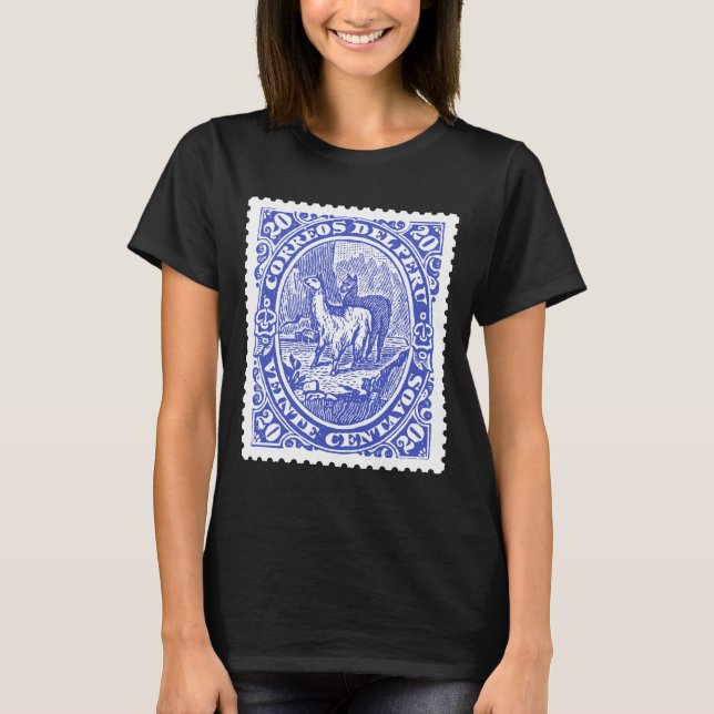 Briefmarke aus Peru mit Llamas Blue T-Shirt (Vorderseite)