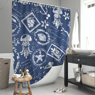Briefmarke des Vintagen Navy Blue Nausea Duschvorhang