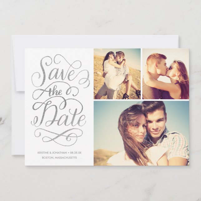 Brieftes Silber-Imitat Save the Date Collage (Vorderseite)