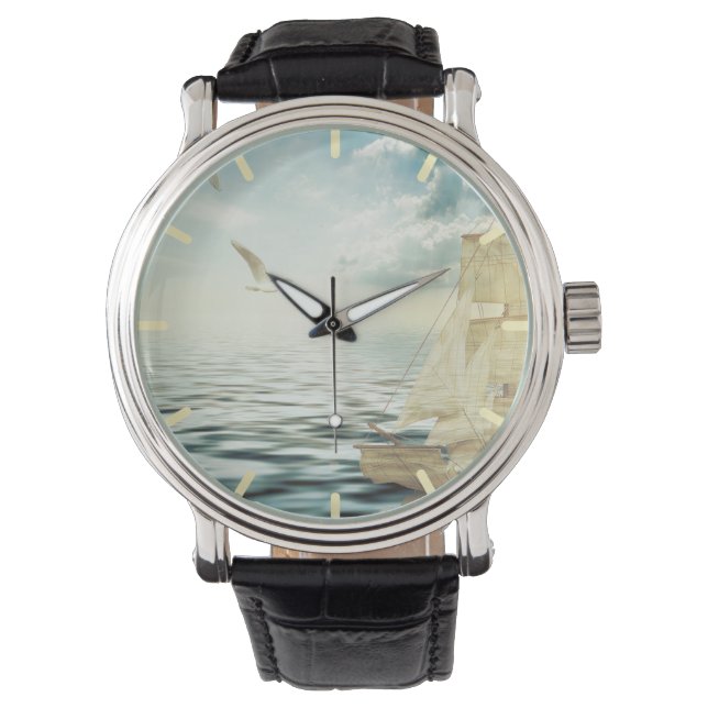 Brigantine Sailboat & Seagulls Armbanduhr (Vorderseite)