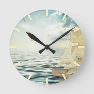 Brigantine Sailboat & Seagulls Runde Wanduhr