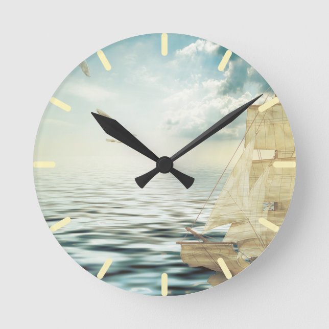 Brigantine Sailboat & Seagulls Runde Wanduhr (Vorderseite)