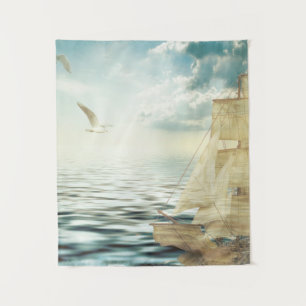 Brigantine Sailboat & Seagulls Wandteppich