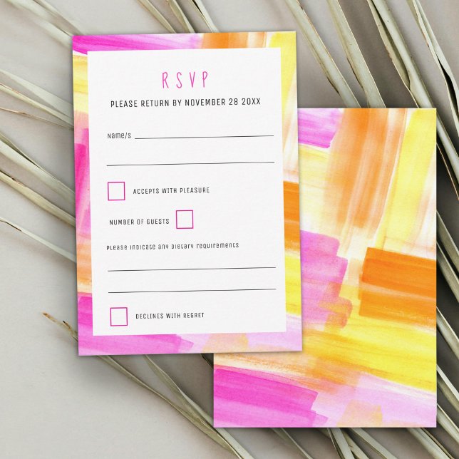 Bright abstract art pink yellow wedding RSVP karte (Von Creator hochgeladen)