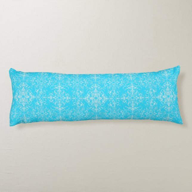 Bright Aqua Blue Double Damask Muster Seitenschläferkissen (Rückseite)