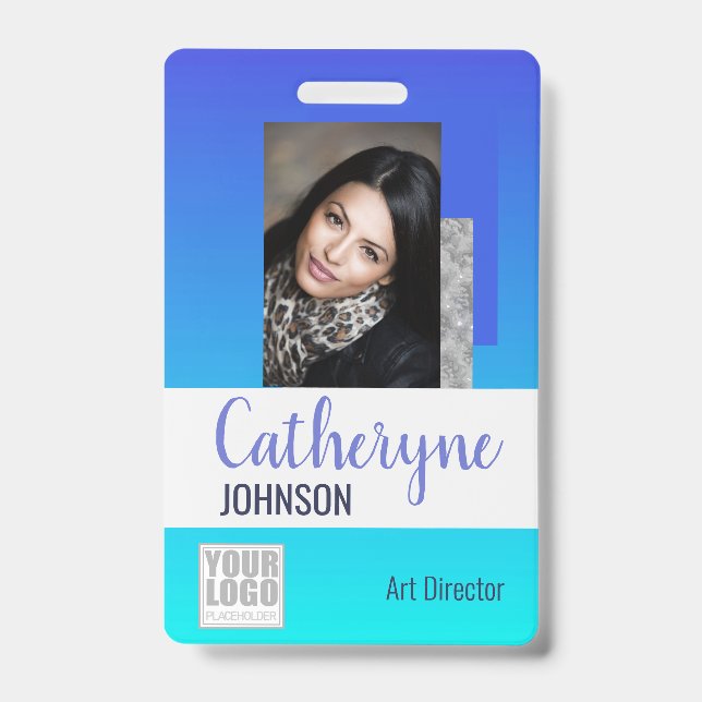 Bright Aqua Blue Ombre Logo Barcode ID Template Ausweis (Vorderseite)