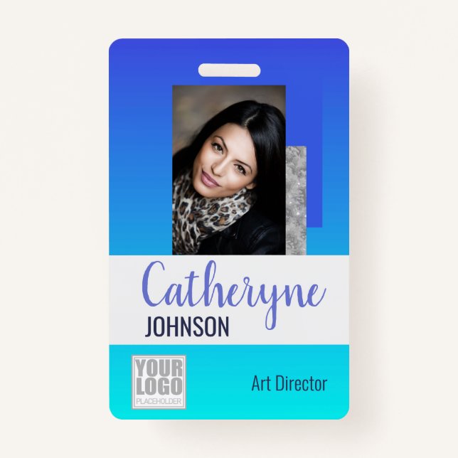 Bright Aqua Blue Ombre Logo Barcode ID Template Ausweis (Vorderseite)