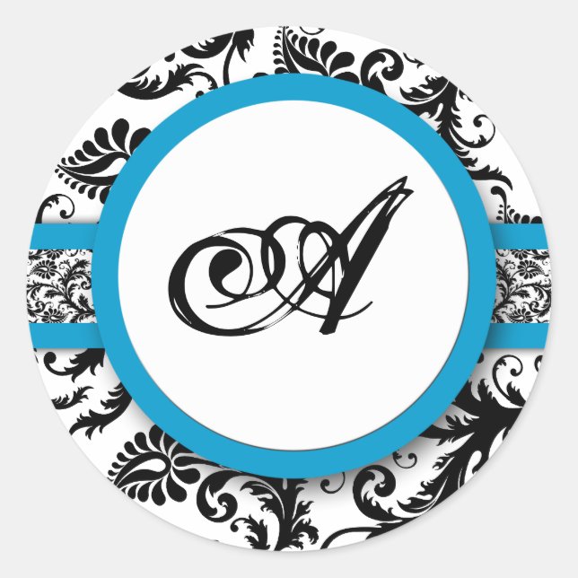 Bright Aqua Damask Monogram Wedding Stickers (Vorderseite)