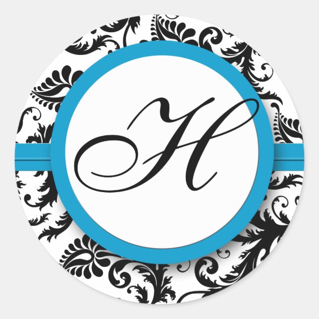 Bright Aqua Damask Monogram Wedding Stickers (Vorderseite)
