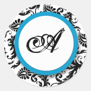 Bright Aqua Damask Monogram Wedding Stickers