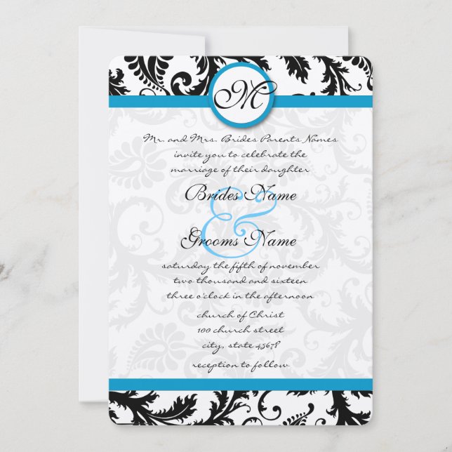 Bright Aqua Damask Wirbel Hochzeit Einladung (Vorderseite)