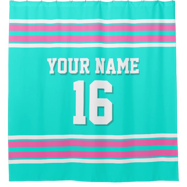 Bright Aqua Hot Pink White Stripes Sports Jersey Duschvorhang (Vorderseite)
