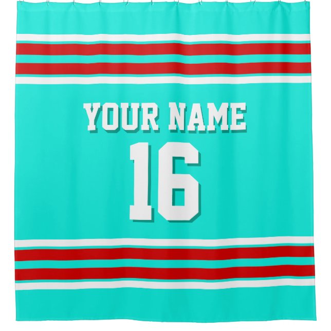 Bright Aqua mit Red White Stripes Sports Jersey Duschvorhang (Vorderseite)