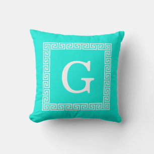 Bright Aqua White Greece Key #1 Gerahmt Monogram Kissen
