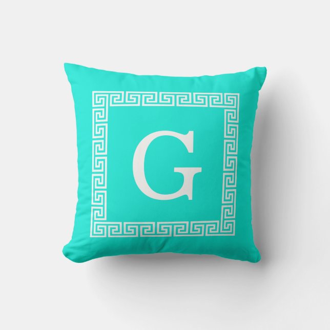 Bright Aqua White Greece Key #1 Gerahmt Monogram Kissen (Vorderseite)