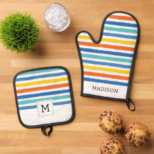 Bright Beachy Strip Muster Ofenhandschuh & Topflappen-Set