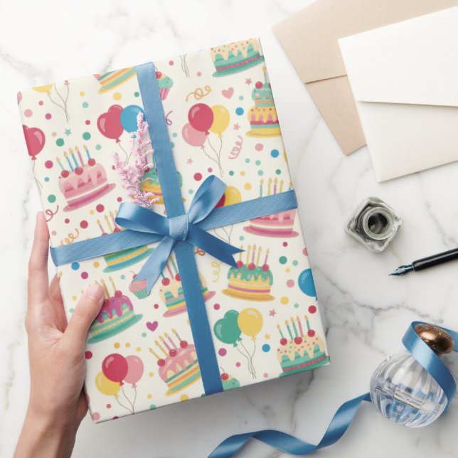 Bright Birthday Cakes and Balloons Wrapping Paper Geschenkpapier (Schenken)