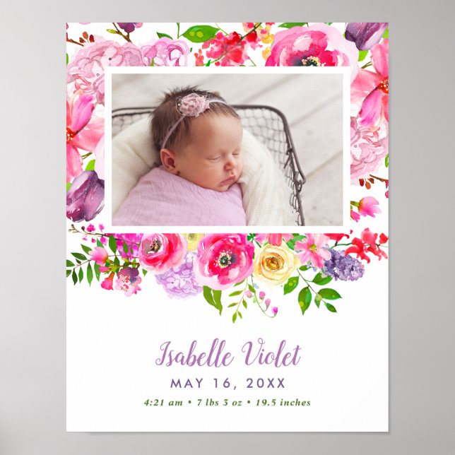 Bright Blooms Baby Girl Birth Stat Foto Poster (Vorne)