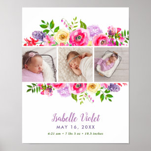 Bright Blooms Baby Girl Birth Stat Foto Poster