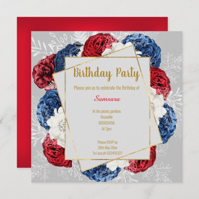 BRIGHT BLRAL RED BLUE GRAY FRAME BIRTHDAY SQUARE EINLADUNG (Vorne/Hinten)