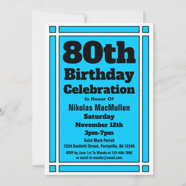 Bright Blue 80. Geburtstag Einladung (Vorderseite)