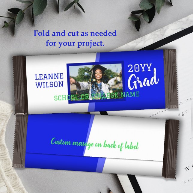 Bright Blue Abschluss Custom Candy Bar Wrapper Flyer (royal blue school colors graduation personalized candy bar wrapper, diy chocolate bar label for grad)