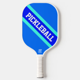 Bright Blue Aqua Diagonal Racing Stripes Fett Text Pickleball Schläger