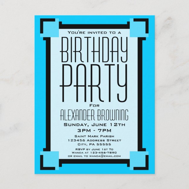 Bright Blue Art Deco Geburtstag Einladung Postkart (Vorderseite)