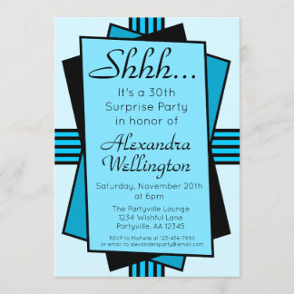 Bright Blue Art Deco Überraschung Party Geburtstag Einladung