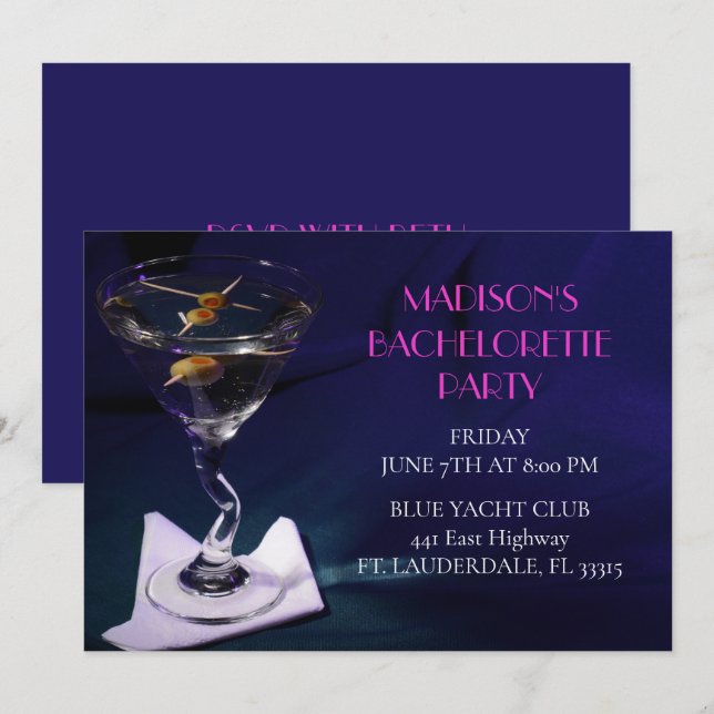 Bright Blue Bachelorette Martini Brautparty Einladung (Vorne/Hinten)