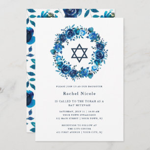 Bright Blue Floral und Star von David Bat Mitzvah Einladung