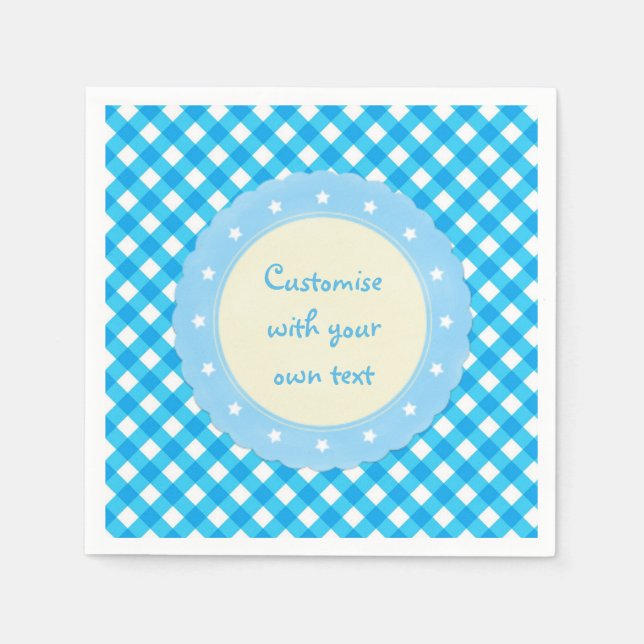 Bright Blue Gingham Benutzerdefinierter Text Serviette (Vorderseite)