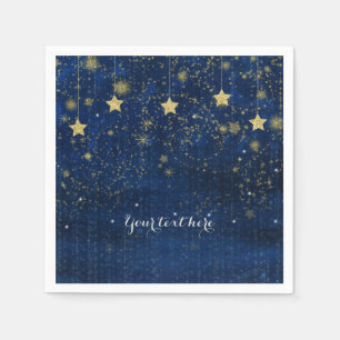 Bright Blue Gold Starry Celestial Whimsical Party Serviette