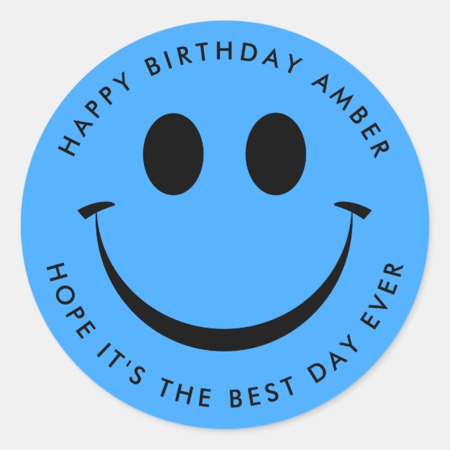 Bright Blue Happy Face Birthday Fun Runder Aufkleber (Vorderseite)