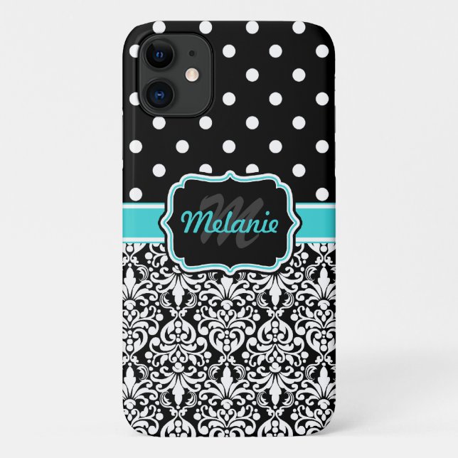 Bright Blue Mit Monogramm Damask Polka Dots Muster Case-Mate iPhone Hülle (Rückseite)