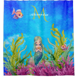 Bright Blue Monogram Name Mermaid Duschvorhang