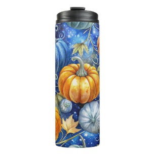 BRIGHT BLUE & ORANGE FALL AUTUMN PUMPKINS THERMOSBECHER