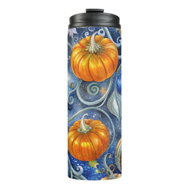 BRIGHT BLUE & ORANGE FALL AUTUMN PUMPKINS THERMOSBECHER (Vorderseite)